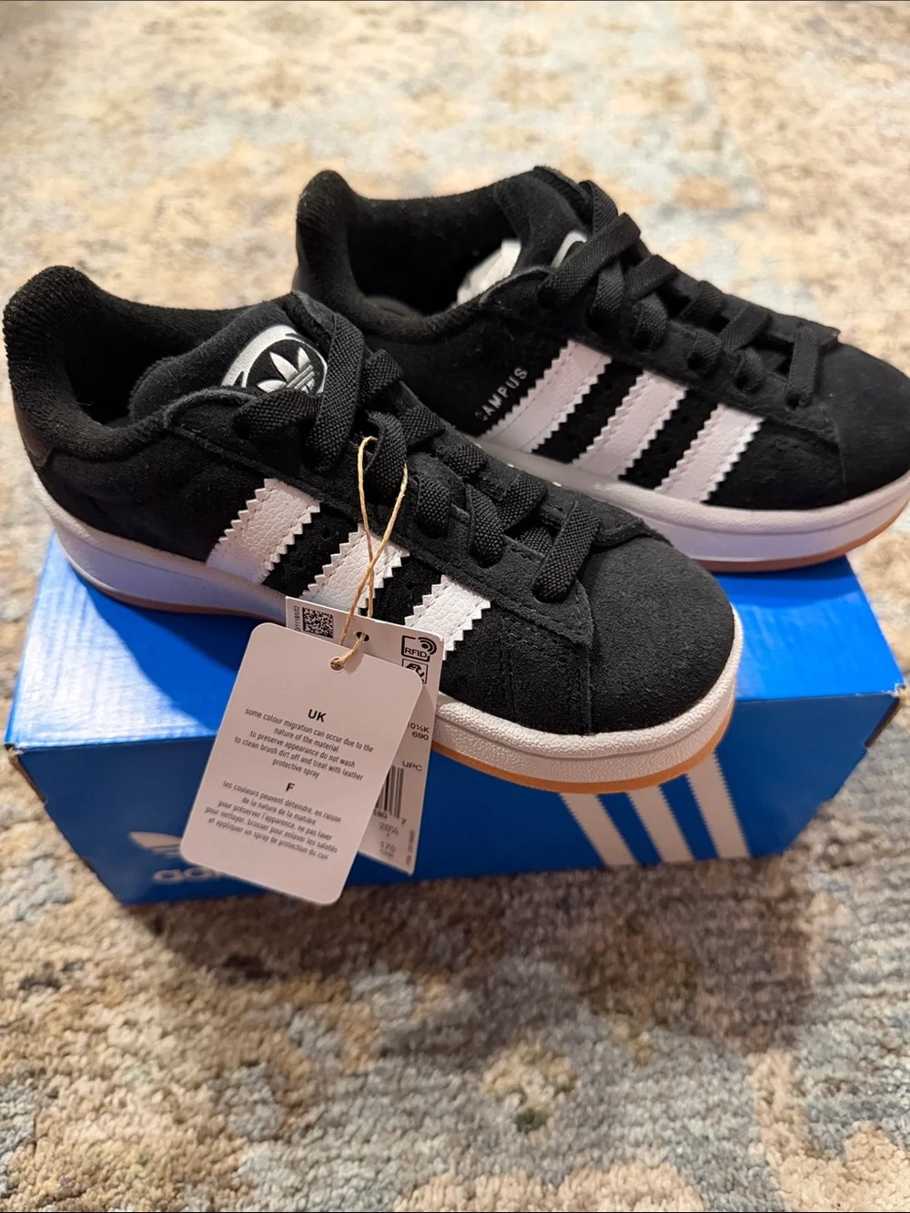 adidas Kids Black Sneakers with White Three-Stripes and Gum Outsole